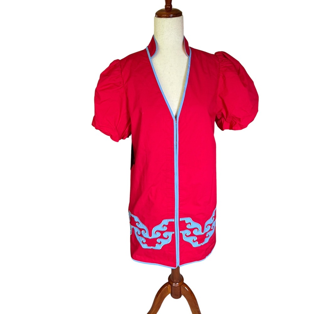 Hyacinth House Red Blue Scroll Applique Puff Sleeve Mini Dress XS AY1369D NWT - Picture 4 of 10